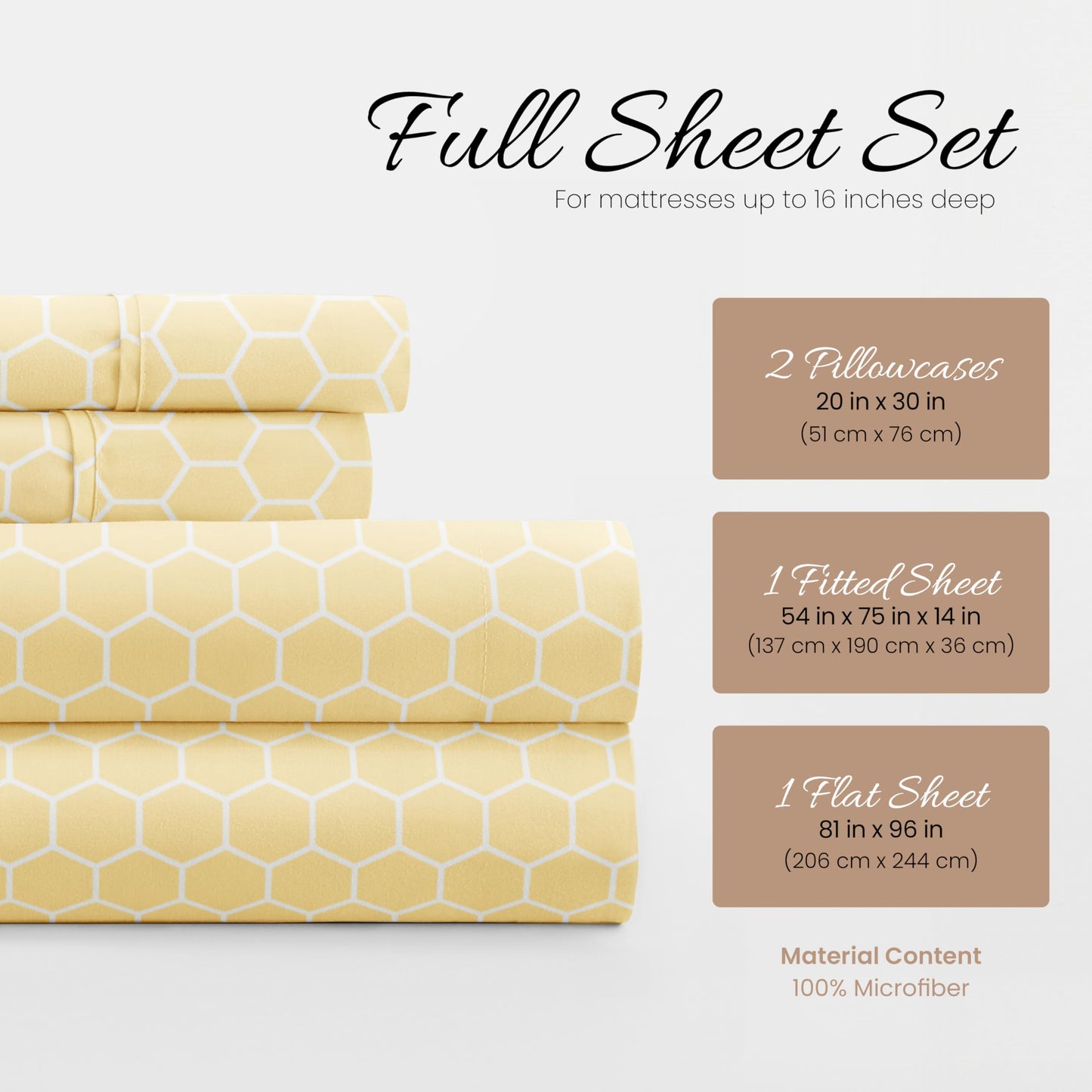 Linen Market Patterned Microfiber Full Sheet Set 4 Piece – Oeko-TEX Certified Ultra Soft & Wrinkle-Free - 16" Deep Pocket Sheets - Easy Care Full Size - Honeycomb Yellow