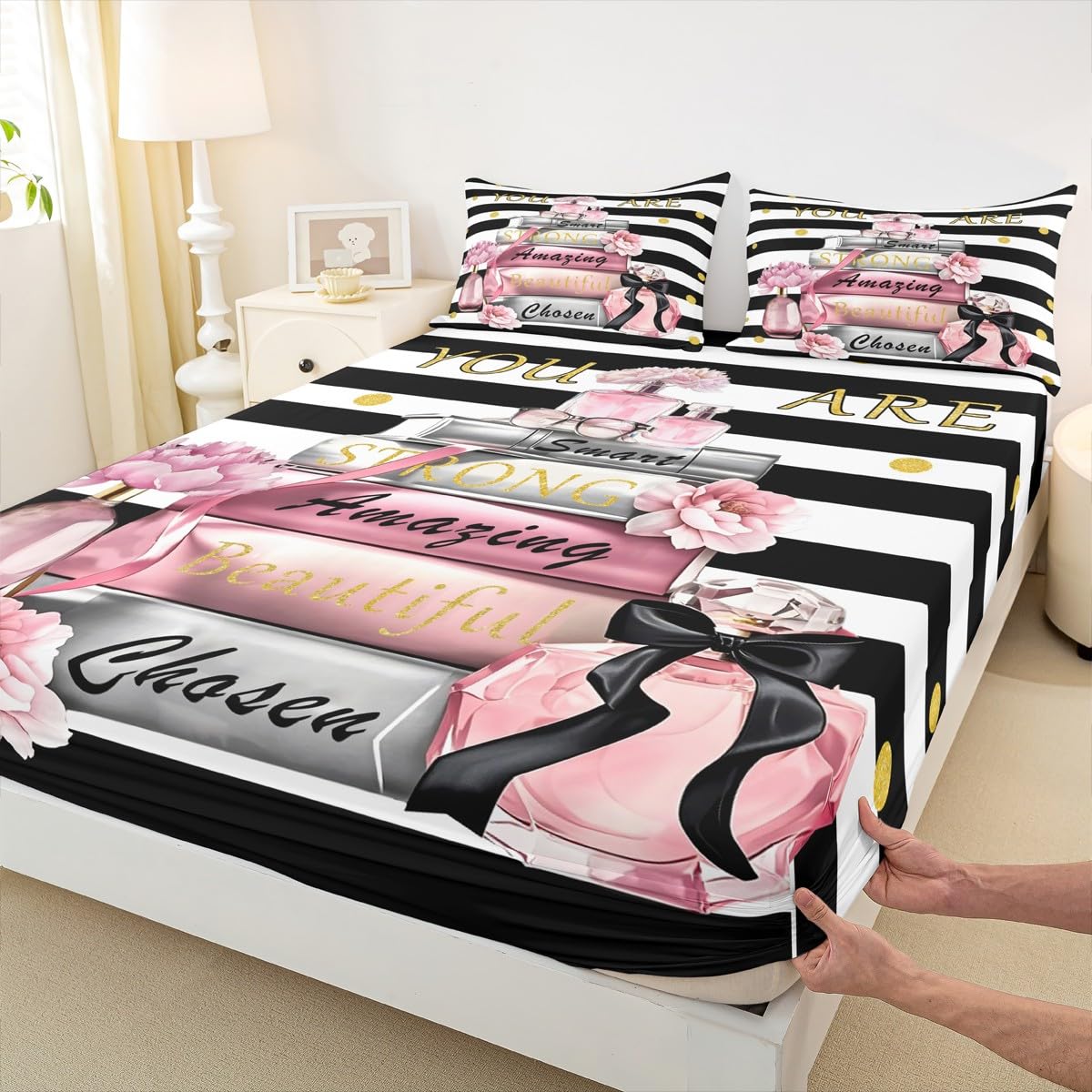 Erosebridal Black and Pink Bed Sheets King Size Girly Inspirational Cute Sheet Set for Girls Women You are Black and White Striped Modern Sheets Books Perfume Fashion Girls Flower Bedding Set