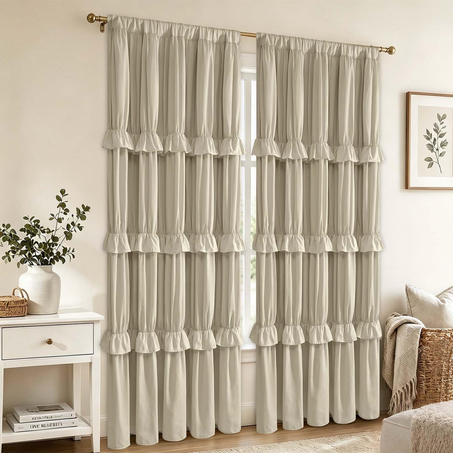 Yinhua Ruffle Curtains for Living Room Farmhouse Blackout Curtains for Bedroom 84 Inch Long with 3 Rows of Ruffles, Room Darkening Window Curtain Rustic Country Rod Pocket Drapes, 2 Panels, Camel