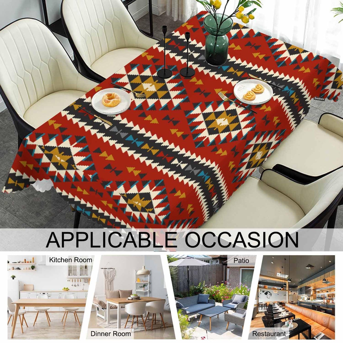 Beabes Ethnic Aztec Decorative Table Cover for Kitchen, Tribal American Geometric Pattern Oblong Tablecloth Dining Table Cloth Tabletop Tablecloths for BBQ Picnic Coffee 52"X70" Red