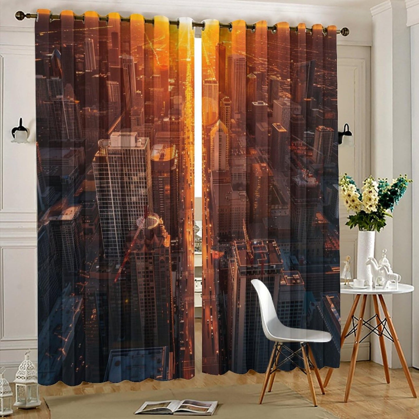 TOWINSFB Fantasy Skyscraper Cityscape Blackout Curtains for Bedroom/Living Room, Sunset Architecture Building Grommet Curtains Thermal Insulated Window Drapes, 2 Panels, Each 21W x 45L
