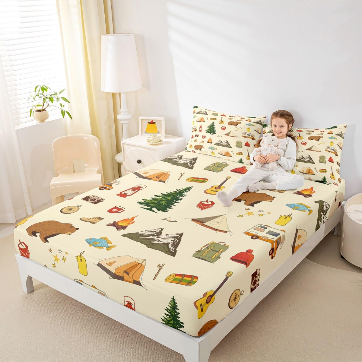 Camping Adventure Fitted Sheet Twin for Boys Teens Girls Kids Room Decor Cartoon Bear Tent Mountain Tree Bed Sheet Outdoor Life Bedding Set 2pcs Traveling Lover Deep Pocket Sheet,1 Pillowcase