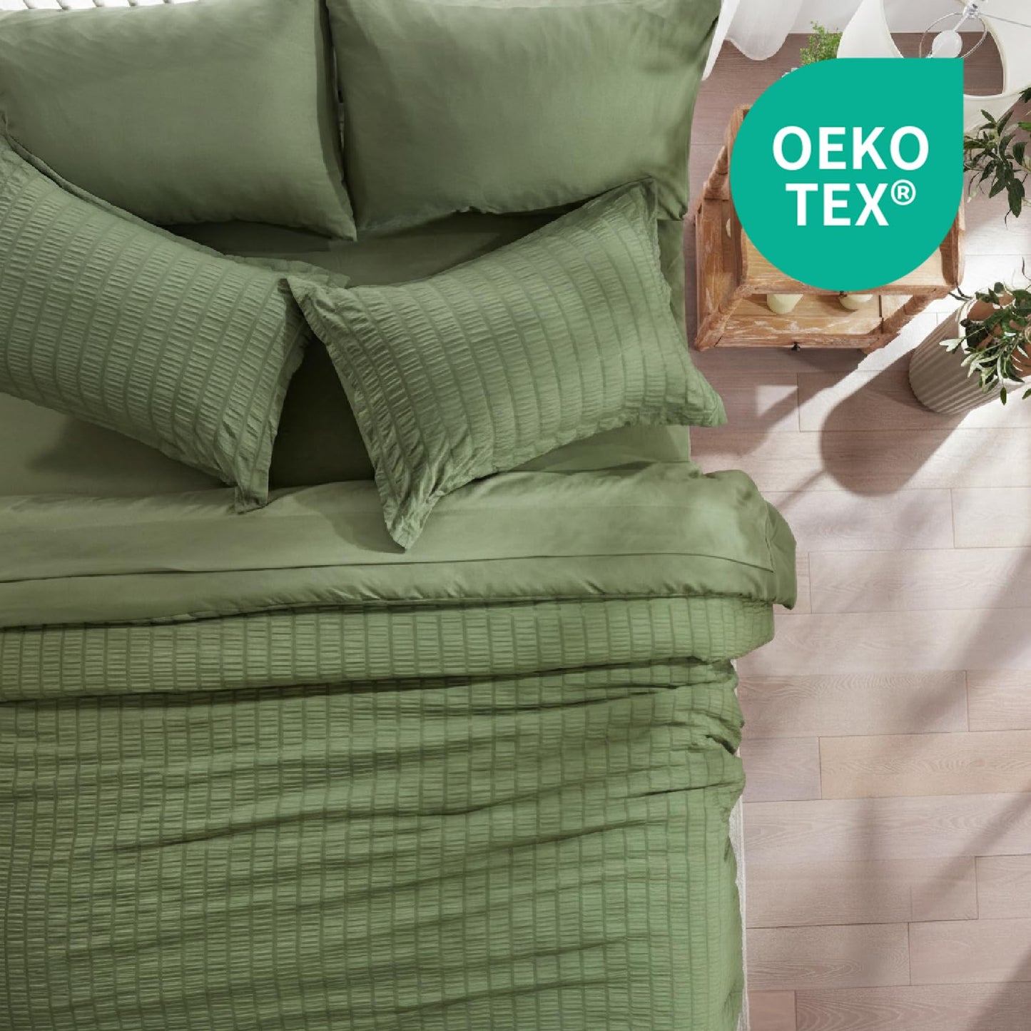 Zzlpp Queen Comforter Set 7 Pieces, Olive Green Seersucker Bed in a Bag with Comforter and Sheets, All Season Bedding Sets with 1 Comforter, 2 Pillow Shams, 2 Pillowcases, 1 Flat Sheet
