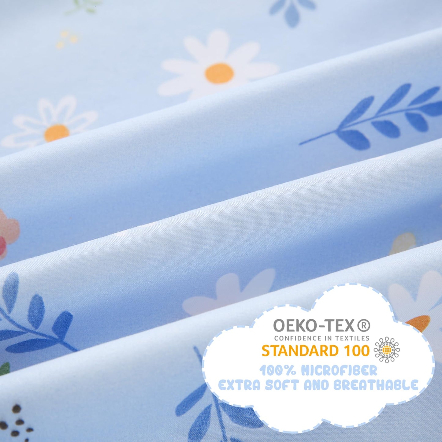 Yibeizi Blue Floral Strawberry Sheet Set for Girls, Full Size Kids Cute Daisy Flower Patterned Bedsheet Microfiber Deep Pocket Bedding Sheets & Pillowcases 4 Pieces