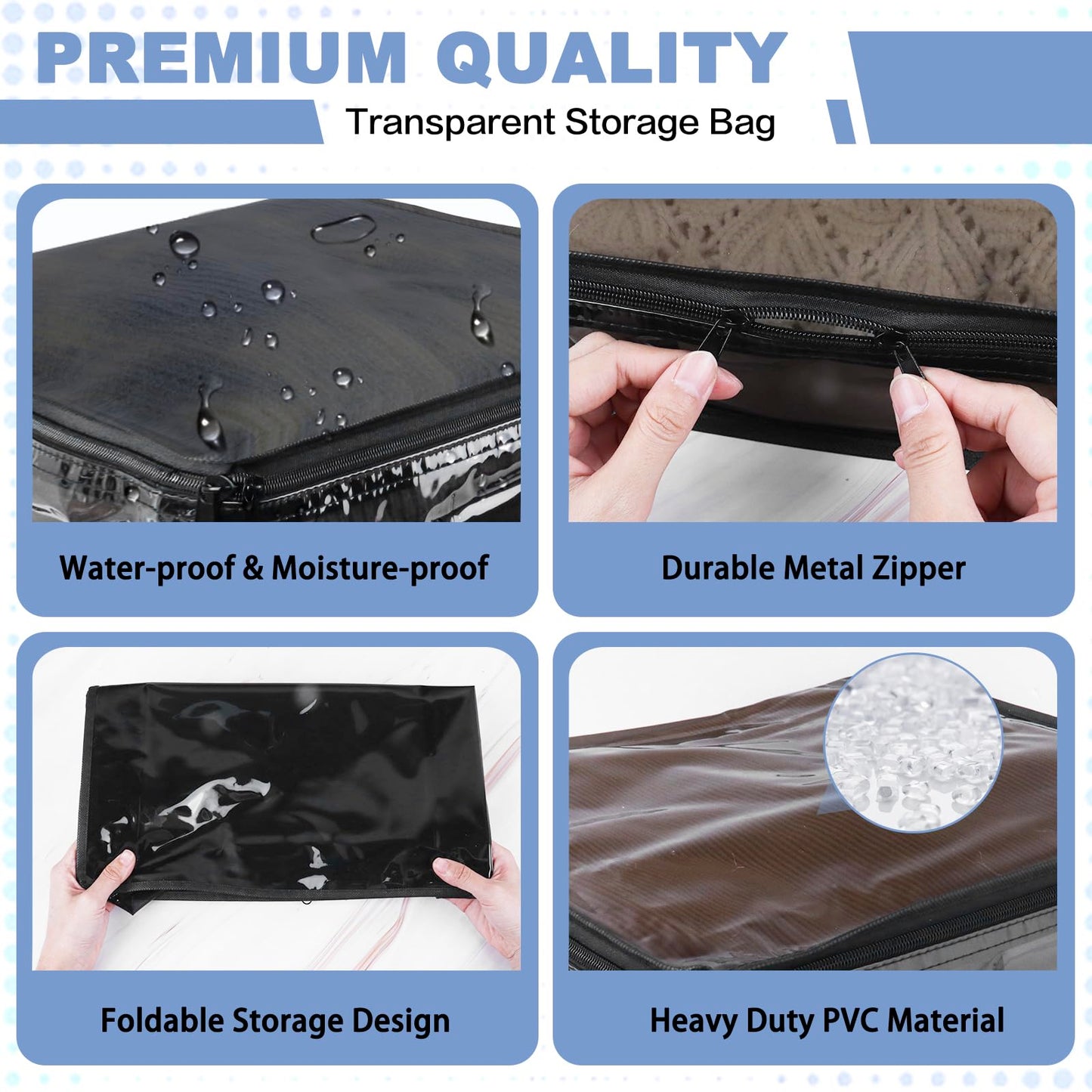 Heonay Clear Zippered Storage Bags Plastic Sweater Storage Bags with Zipper 6 Packs Clothing Organizer for Blankets Linen Sweater Bed Sheet Quilt Clothes Pillow (15.7 x 13.8 x 3.9 Inch, Black)