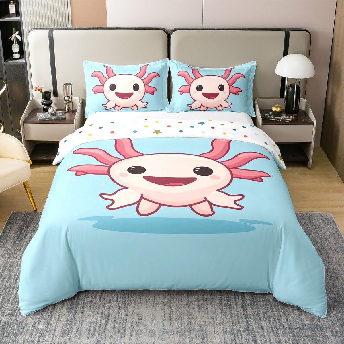 Erosebridal 100% Cotton Axolotl Duvet Cover,Cute Axolotl Bedding Set Queen Size, Kawaii Comforter Cover, Cartoon Axolotls Quilt Cover, Wildlife Animals Bedspread Cover for Kids Boys Girls Teens, Blue