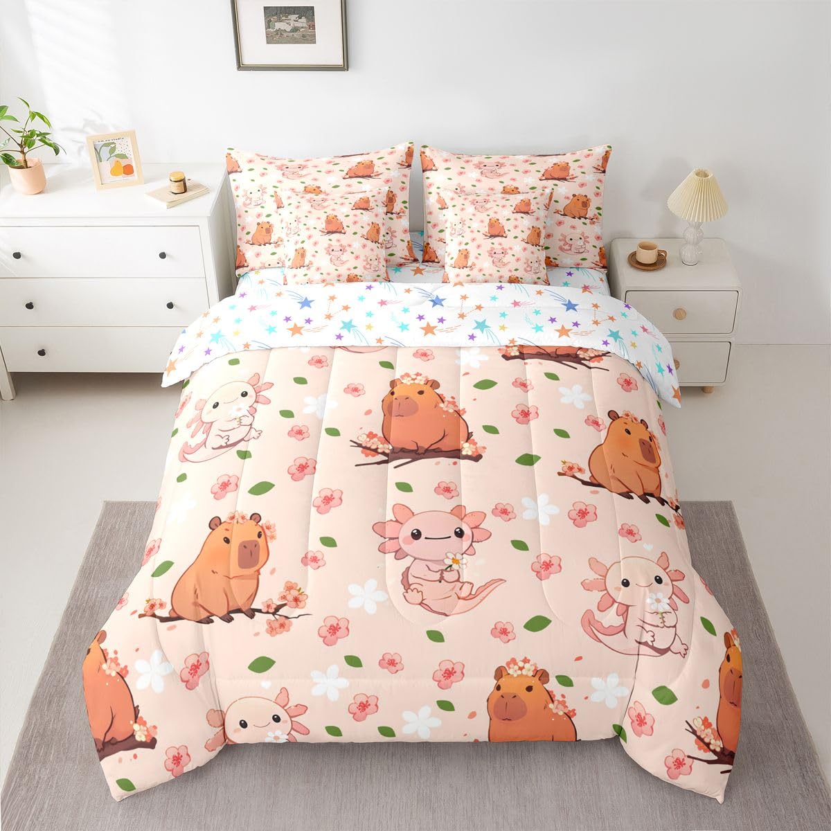 Erosebridal Cute Axolotl Queen Bedding Set Kids Cartoon Capybara Comforter Set for Boys Girls Teens Dreamy Pink Cherry Blossom 7-Piece Bed in a Bag Princess Cute Capybara Axolotl Quilt Sets