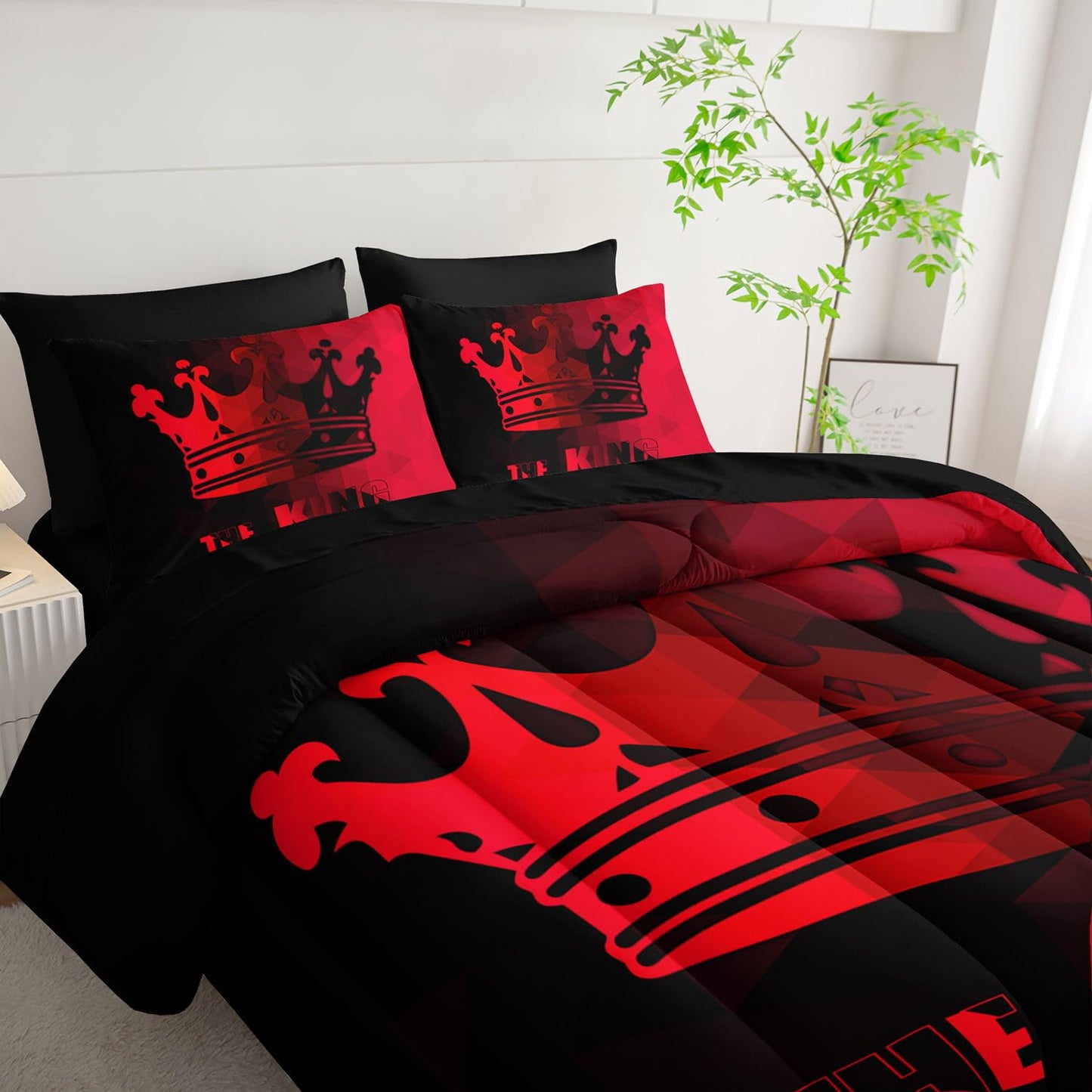 Smell Sunshine 7Pcs Crown Comforter Set Black Red Gradient Art Printed Bedding Set with 1 Comforter, 1 Flat Sheet, 1 Fitted Sheet and 4 Pillowcases for Boys and Girls Bedroom All Season(Crown Twin