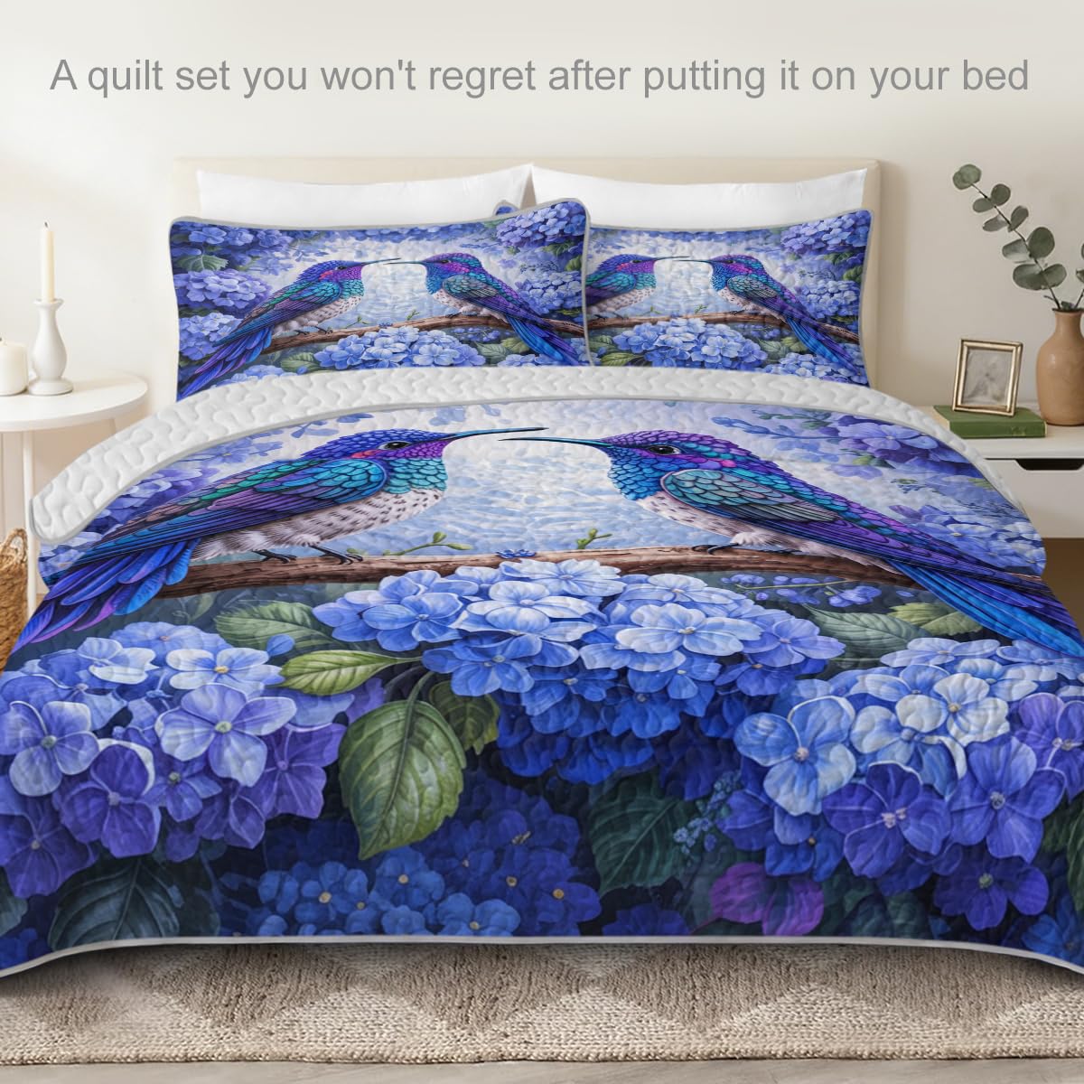 ARIGHTEX Flower Bird Quilt Set Queen Size Romantic Hydrangea Hummingbird Bedding Set Lightweight Botanical Quilt Soft Microfiber Bedspread Floral Coverlet Set with Pillow Shams
