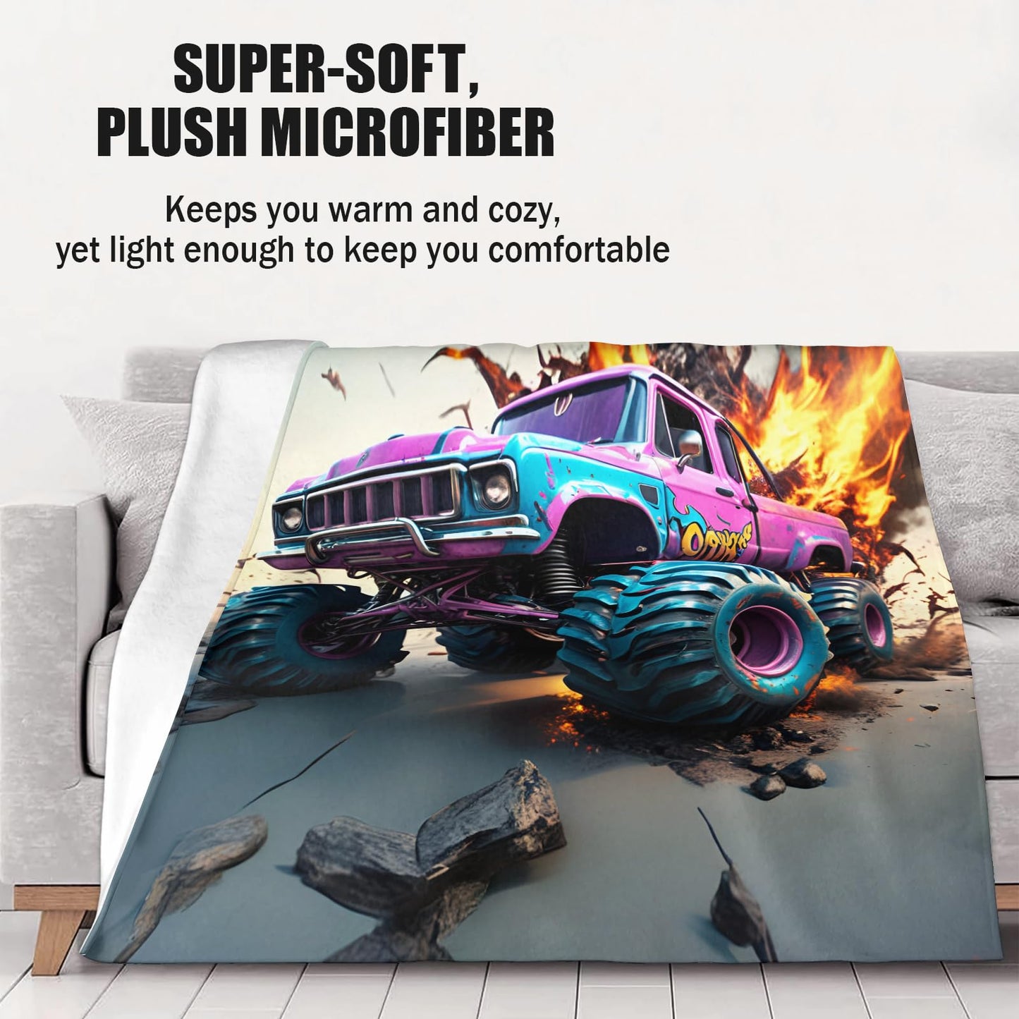 PAOABIU Monster Truck Blankets, Graffiti Car Throw Blanket for Couch Bed Sofa, Boys Blankets and Throws - Super Soft Cozy Plush Flannel Blanket Gifts & Decor, 66x90