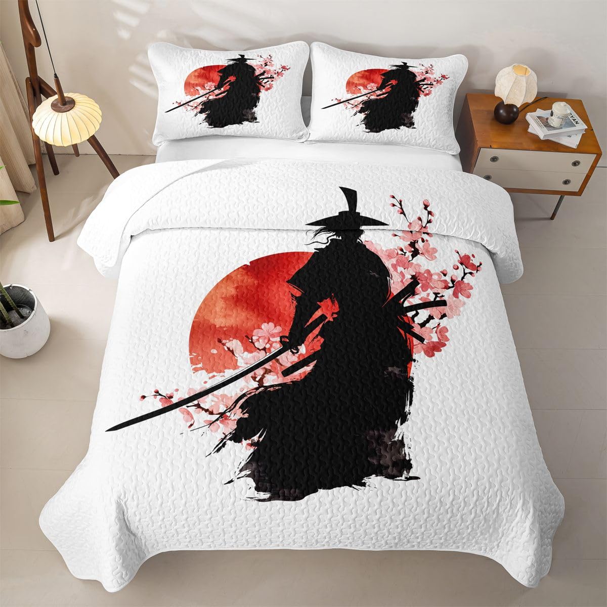 Erosebridal Samurai Quilts Twin Size - Red Sun Japanese Bedspread Coverlet Set, Japan Warrior Quilt Coverlets 2Pcs (Only 1 Pillowcase)