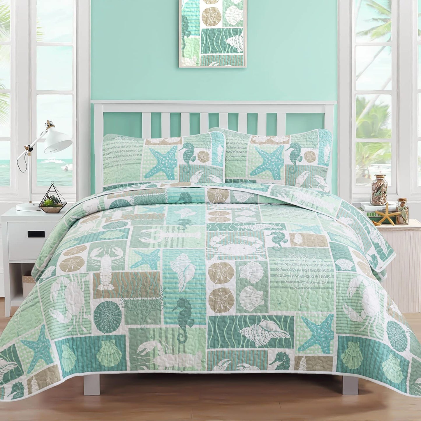 DJY 3 Pieces Quilt Set King Coastal Green Theme Quilt Coverlet Set Beach Reversible Bedspread with 2 Pillow Shams Soft Microfiber Coastal Bedding Quilt Set for All Season 104"x90"