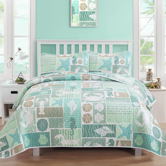DJY 3 Pieces Quilt Set King Coastal Green Theme Quilt Coverlet Set Beach Reversible Bedspread with 2 Pillow Shams Soft Microfiber Coastal Bedding Quilt Set for All Season 104"x90"