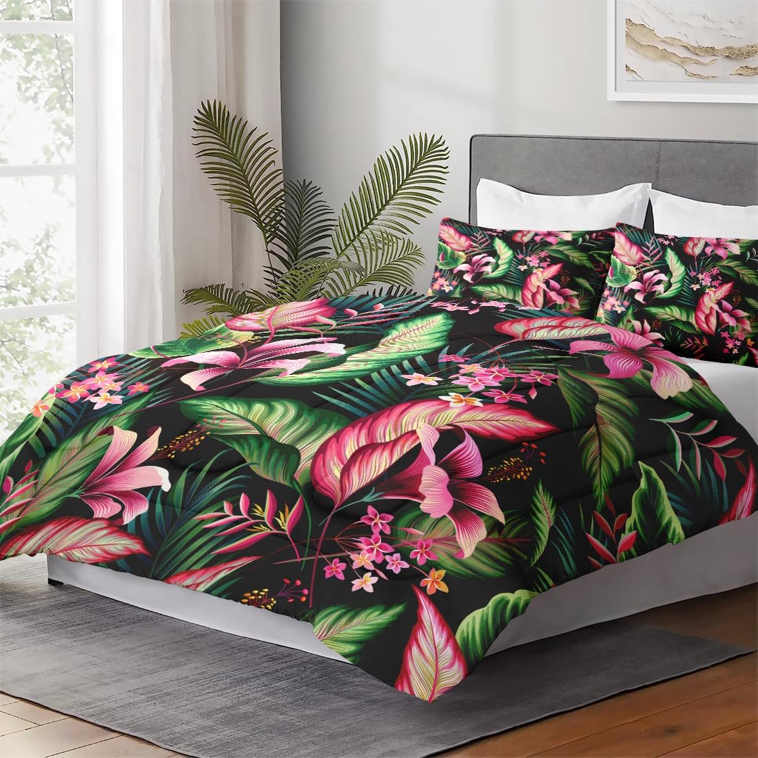 WeCozy Queen Size Comforter Set with 2 Pillowcases, Tropical Leaves Flower Hibiscus Soft 3 Pcs Bedding for Kids and Adults Bedroom Bed Decor