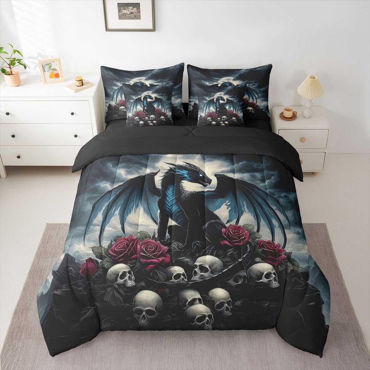 Feelyou Dragon Twin Comforter Set with Sheets for Kids Boys Girls Dragon Stuff 7 Pieces Bedding Set Wild Life Bed in a Bag Magic Wildlife Room Decor Blackish Soft Lightweight Microfiber