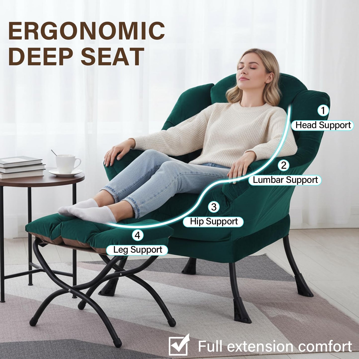Welnow Lazy Chair with Ottoman, Modern Accent Chair with Armrests and a Side Pocket, Leisure Sofa Armchair, Reading Armchair with Footrest for Small Space, Dark Green