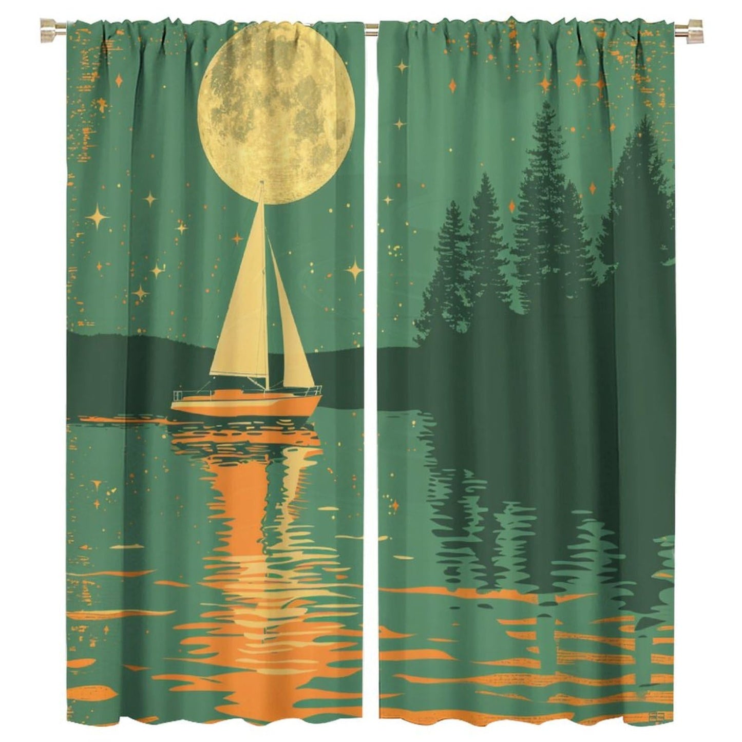 TOWINSFB Nautical Sailboat Moon Blackout Curtains for Living Room Bedroom, Fantasy Star River Ship Forest Window Curtains Rod Pocket Thermal Insulated Window Drapes, 2 Panels, Each 21" W x 45" L