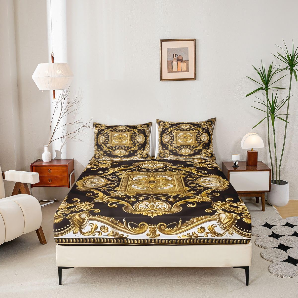 Erosebridal Golden Yellow Bed Sheets Set Full Geometric Flowers Sheet Set Bohemian Exotic Sheets European Floral Print Flat Fitted Sheet