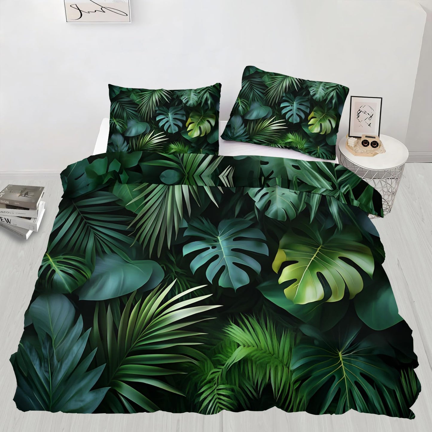 GKPLY Tropical Palm Leaves Comforters Queen Size, Jungle Monstera Bedding Duvet Cover, Exotic Greenery Artwork Duvet Cover with 2 Pillowcases, 3 Pieces, Reversible Dark Botanical Bedding with Zipper