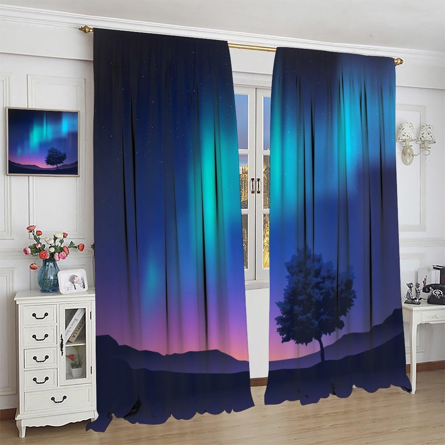 GoDazzling Night Nature Landscape Curtains, Blue Pink Northern Lights Night Tree Under Starry Sky Rod Pocket Window Drapes, for Bedroom Living Room 41" W X 45" L (No Blackout)