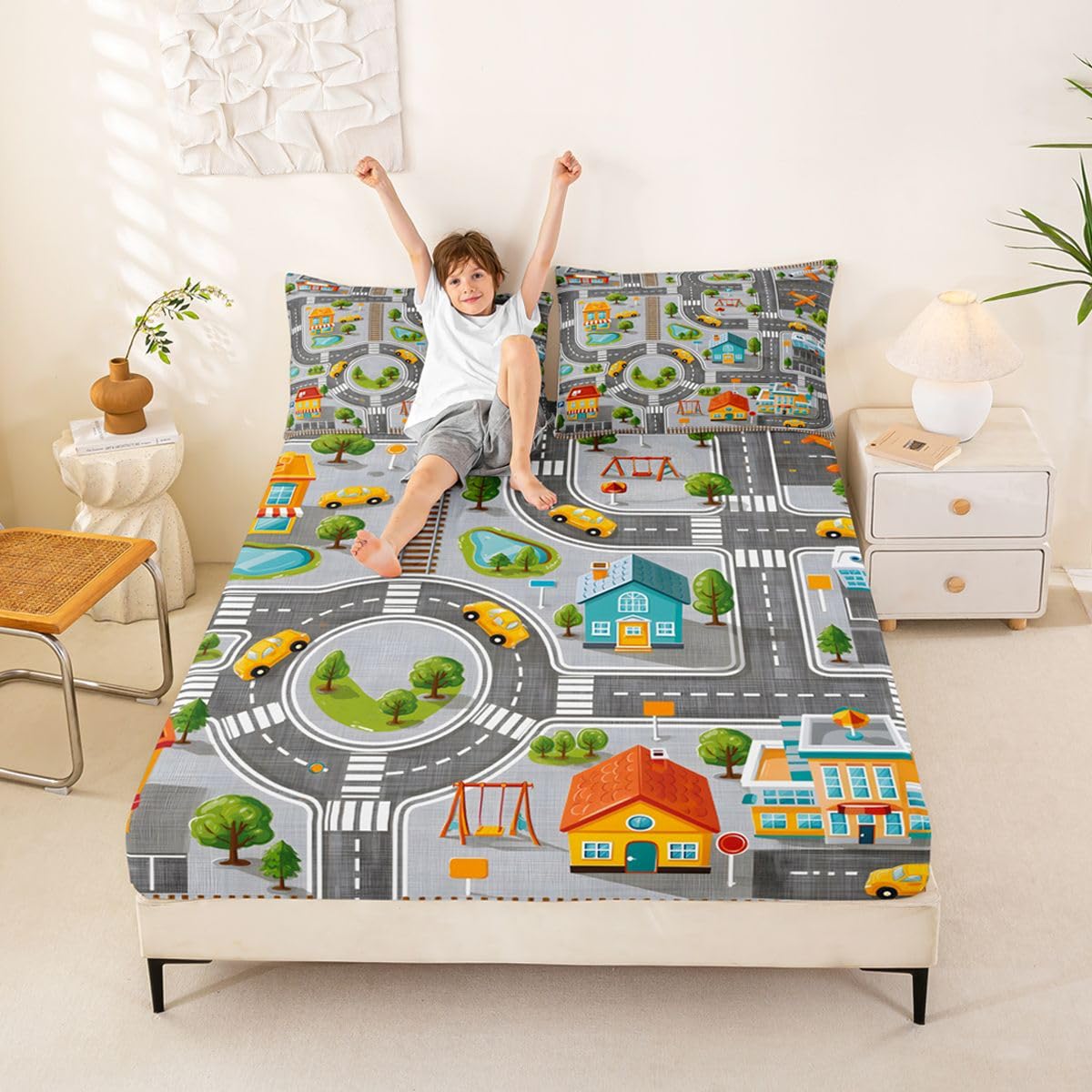 Manfei City Traffic Map Fitted Sheet Set Road Street Car House Bedding Set 3pcs Cartoon Play Interactive Bed Sheet with 2 Pillowcases Kids Room Decor Soft Deep Pocket Bedding(No Flat) Queen Gray White