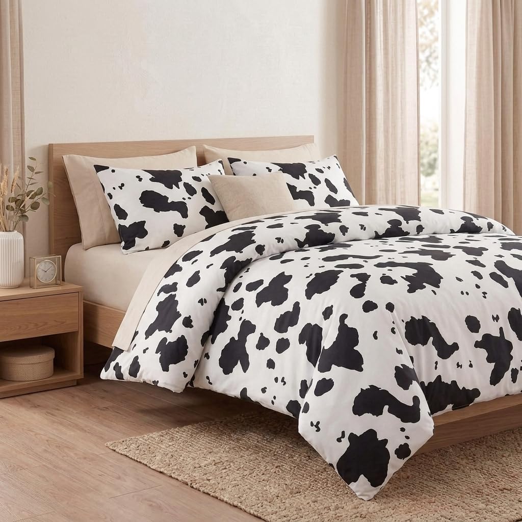 Cozaline 100% Cotton Duvet Cover King Size, Black and White Cow Print Bedding Set with Zipper Closure, Farmhouse Soft Breathable Comforter Cover with 2 Pillowcases for All Seasons