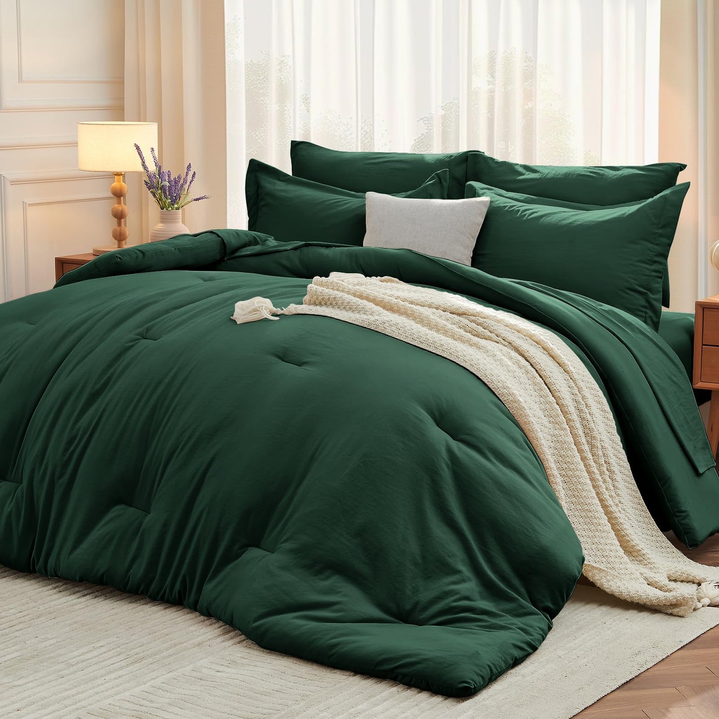 MUXHOMO 7 Pieces King Comforter Set, Soft Bed in a Bag King Size, All Season Bedding Set with Comforter, Flat Sheet, Fitted Sheet, Pillowcases & Shams, Dark Emerald Green