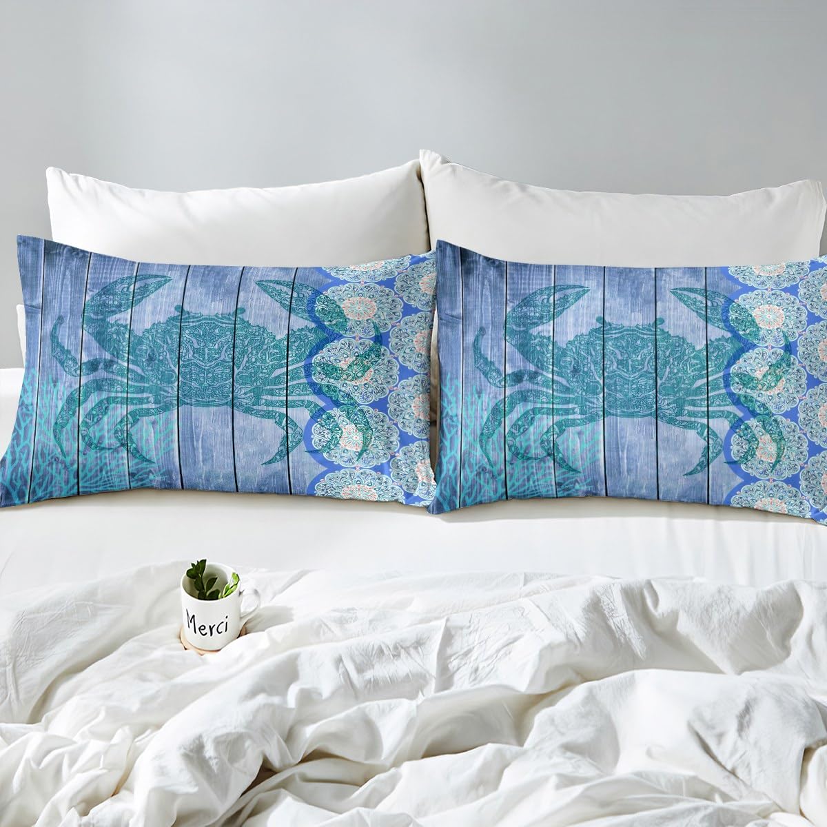 Erosebridal Blue Crab Sheet Set,Hippie Boho Mandala Bed Sheets Queen Sea Ocean Nautical Theme Flat Sheet Beach Animal Fitted Sheet Wood Board Home Room Decor,4Pcs with 2 Pillow Shams