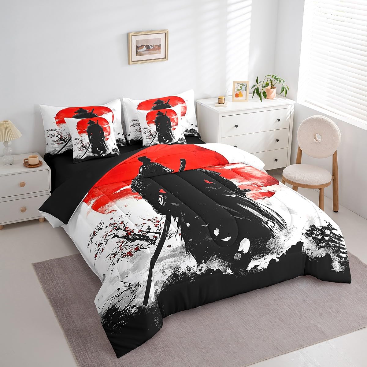 Erosebridal Japanese Samurai Comforter Set Twin,Samurai Ukiyoe Bedding Set 7Pcs,Cherry Blossom Bed in a Bag,Black Red Sun Quilt