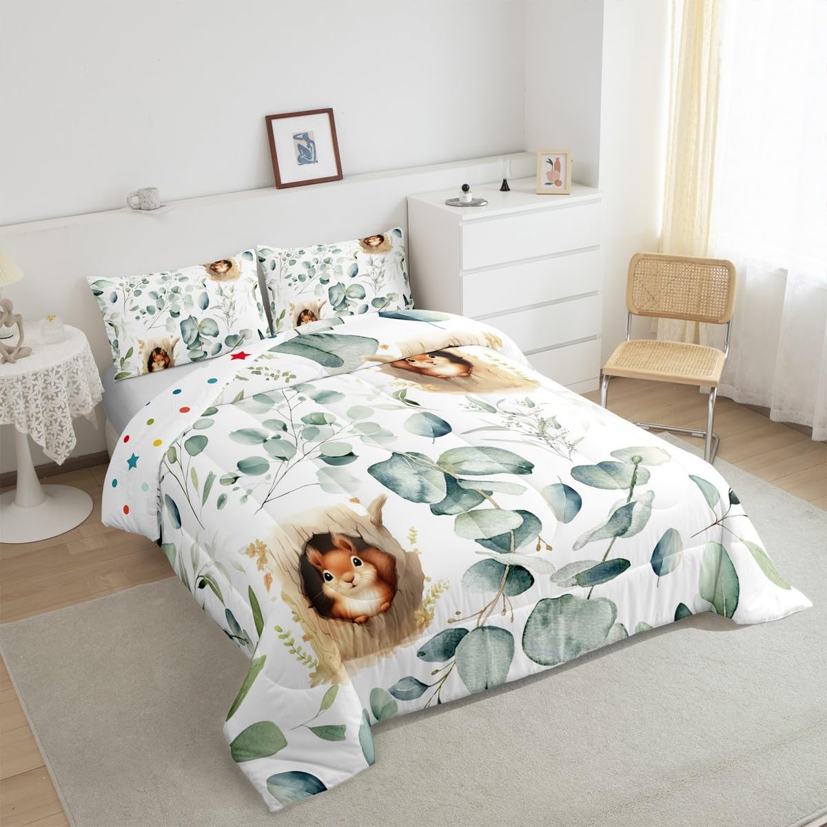 Erosebridal Kawaii Squirrel Bedding Twin for Boys Girls Cartoon Animal Comforter Set Twin, Eucalyptus Leaves Duvet Insert Jungle Wildlife Quilt Comforter, Tropical Plants Bedding Comforters & Sets