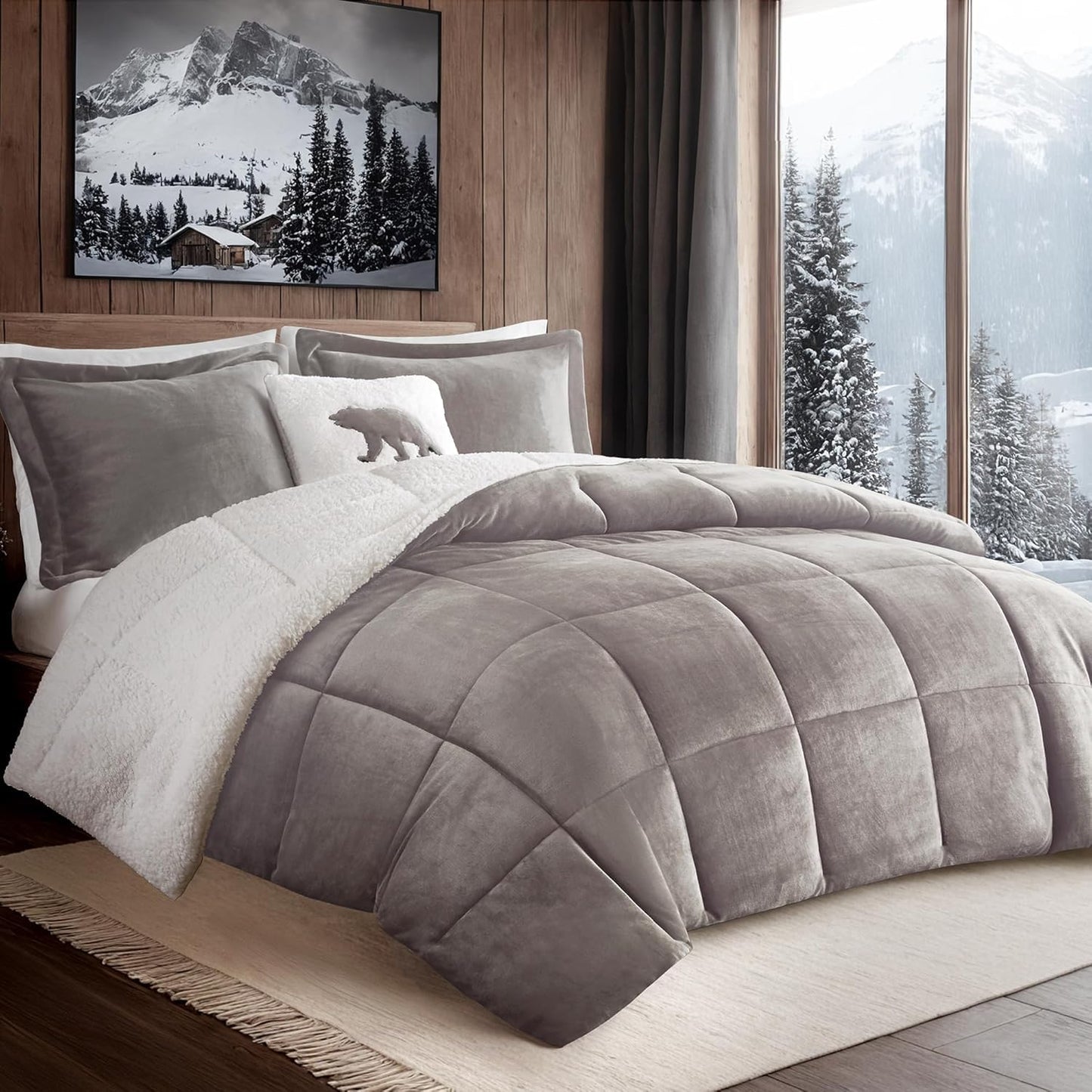 Woolrich Reversible Comforter Set Ultra Soft Plush to Sherpa, Down Alternative, Cold Weather Winter Warm Bedding, with Matching Sham, Decorative Pillow Grey/Ivory Full/Queen 4 Piece