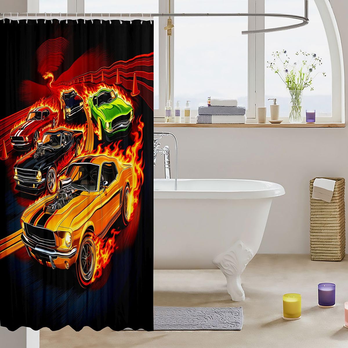 Feelyou Boys Race Car Shower Curtains Speed Sports Car Bathroom Curtain for Kids Women Men Extreme Sports Bathroom Accessories Automobile Waterproof Polyester Fabric for Stalls Bathtubs 72"x72"