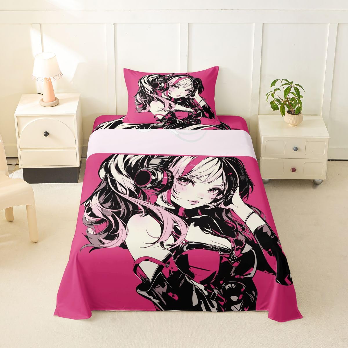 Erosebridal Pink Anime Girls Sheets Cartoon Japanes-Style Sheet Set Twin, Graffiti Street Culture Bed Sheets Set for Kids Teens Youth Watercolor Hippie Style Top Fitted Sheet 3Pcs