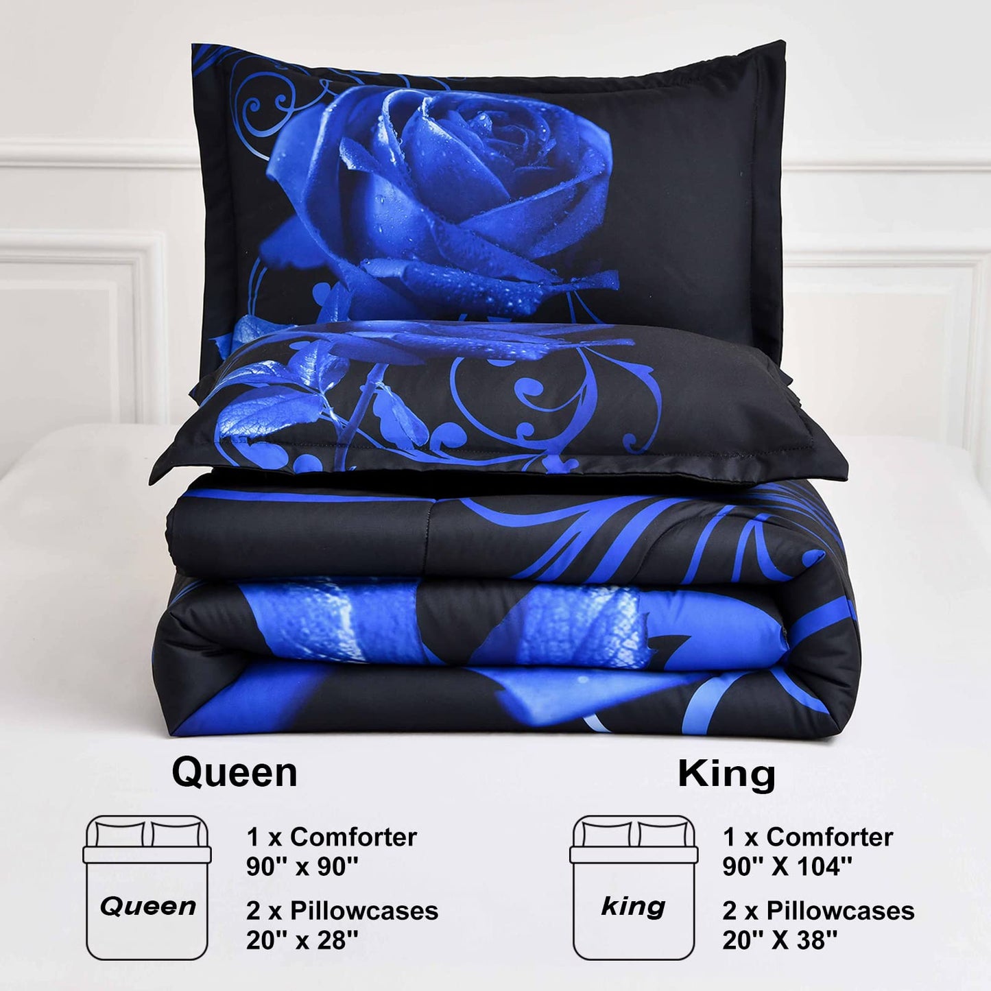 WONGS BEDDING Blue Comforter Set Queen, Reversible Blue Rose Pattern Printed Bedding Comforter Set with 2 Pillowcases for All Seasons, Soft Microfiber Filling Bedding Set 90"x90"