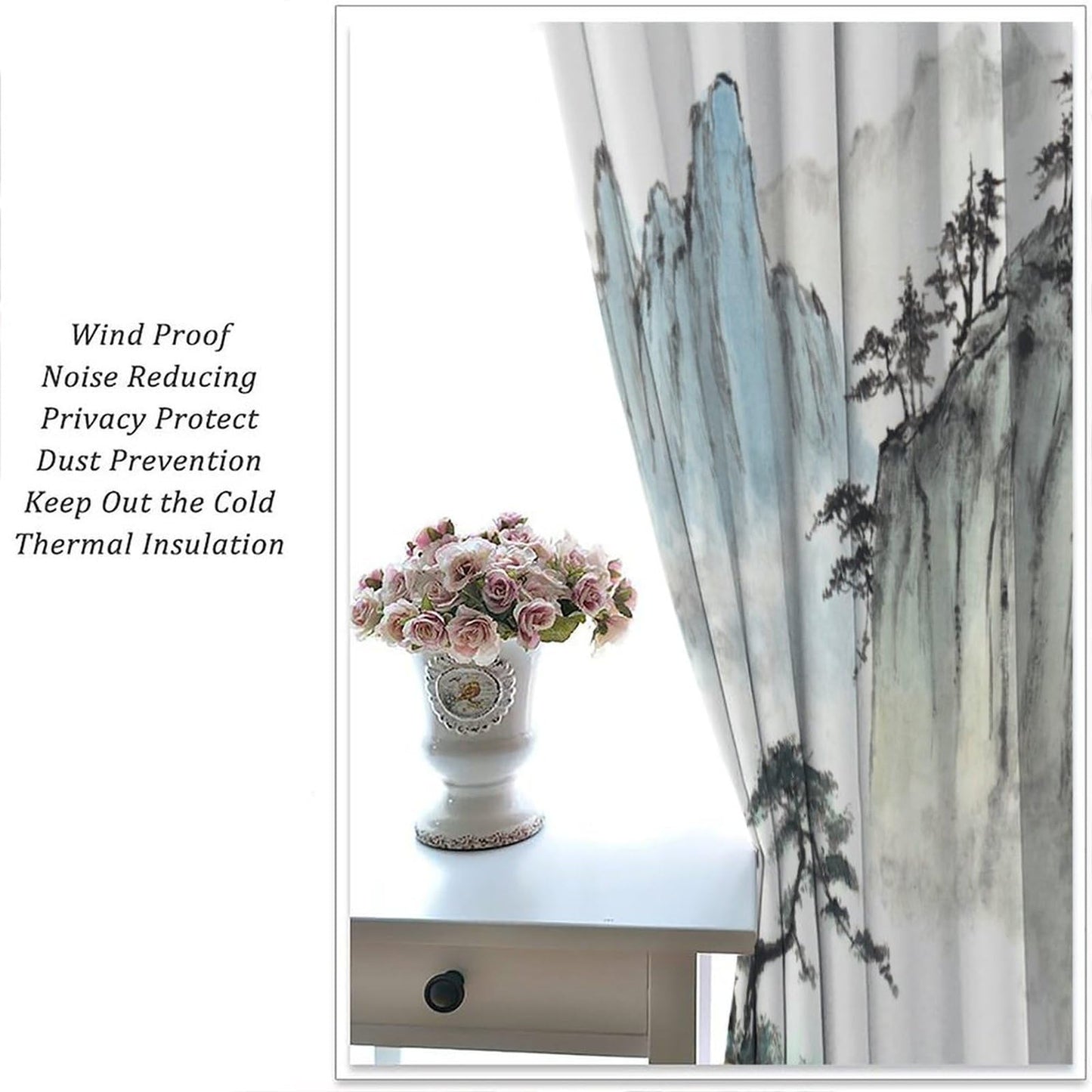 Japanese Curtains, Cherry Blossom Asian Oriental Chinese Nature Mountain Red Floral Flowers Lake Tree Art Print Window Drapes For Bedroom Living Room Kitchen Decor,2 Panel Set,42x45 Inch Decor