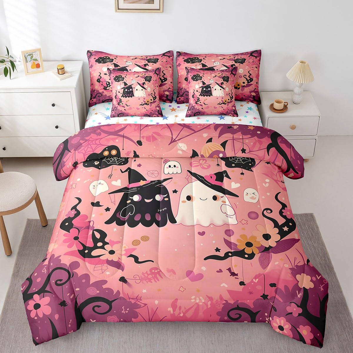 Feelyou Happy Halloween 7 Piece Bedding Set Twin Size Cute Ghost Groovy Bed in a Bag for Kids Boys Girls Teens Pink Sweet Comforter Set with Sheets Spiderweb Bed Set
