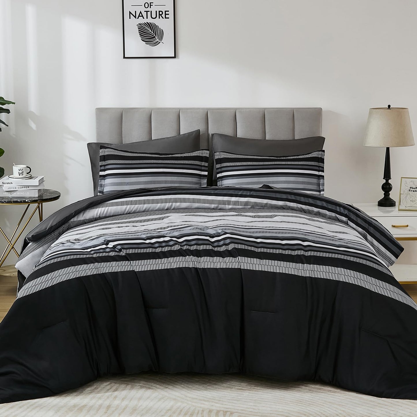 Dobuyly Black Comforters Queen Size Set 7 Pieces, Boho Striped Grey Bed in a Bag Queen Soft Microfiber Bedding Set with Comforter, Sheets, Pillowcases & Shams All Season