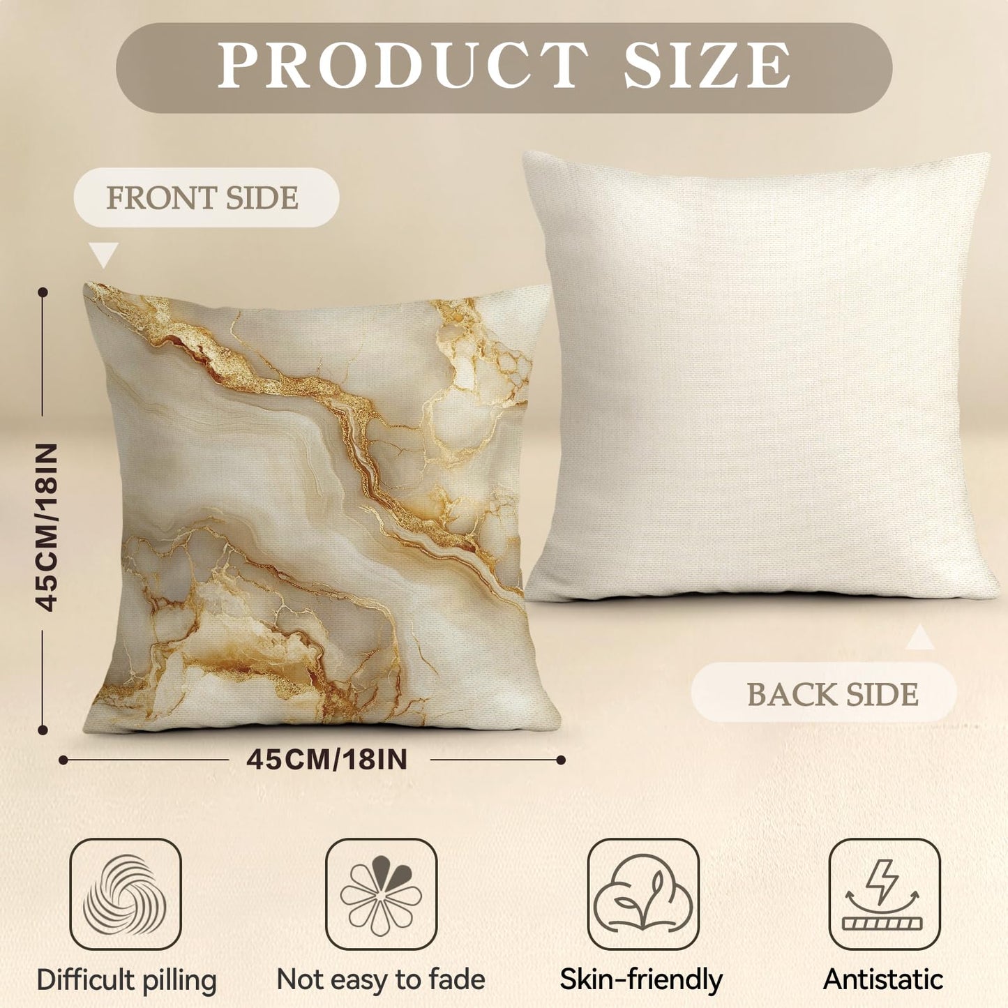 ORMAN Beige Gold 18x18 Marble Pillows Covers Set of 4 Decorative Pillowcase Cushion Cover for Car Sofa Bedroom