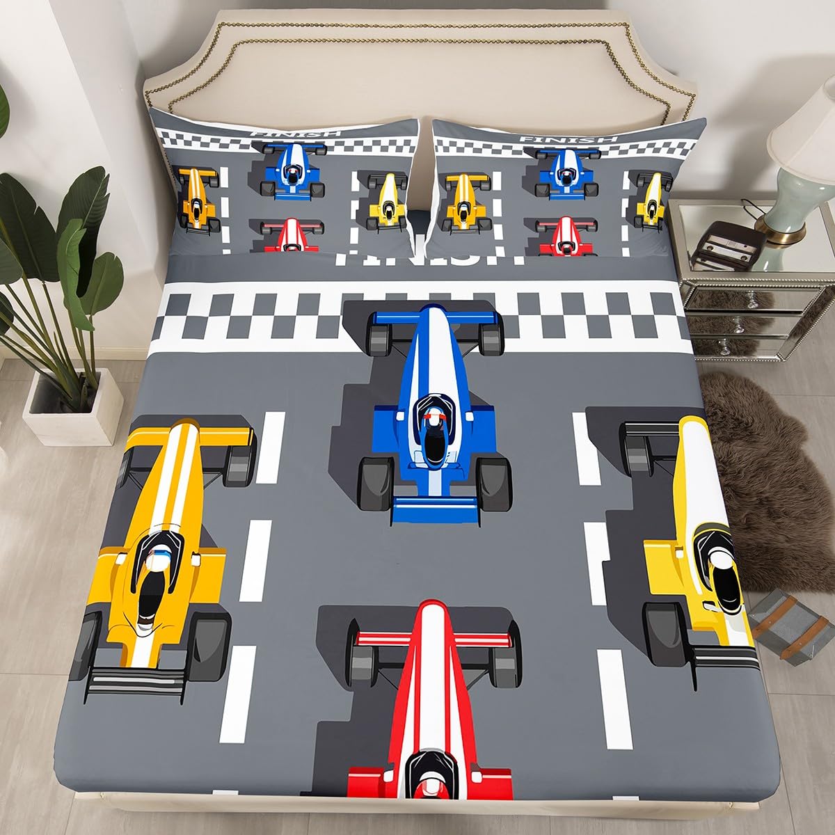 Boys Race Car Bedding Sets Formula Car Racer Fitted Sheet Extreme Speed Sports Games Bed Cover for Kids Car Theme Bedroom Decor Formula Racing Car Sheet Set with 1 Pillow Case Twin No Top Flat Sheet