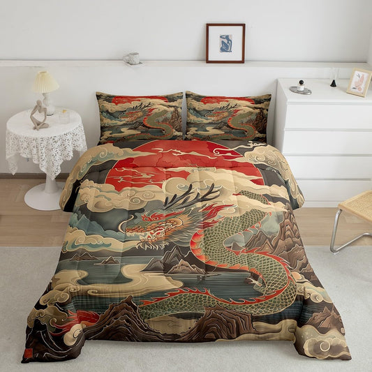 Erosebridal Oriental Dragon Bedding Full Size Japanese Style Comforter Set Full, Mountain Sea Ocean Duvet Insert Sun Printed Quilt Comforter, Vintage Asian Theme Bedding Comforters & Sets