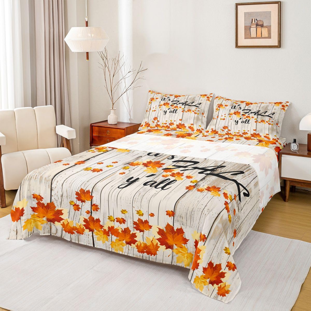 Fall Maple Leaves Sheet Set Queen Autumn Nature Botanical Bed Sheets Rustic Farmhouse Fall Bedding Set For Kids Adults Soft Breathable Fitted Sheet Orange Gold Beige Flat Sheet 2 Pillow Cases