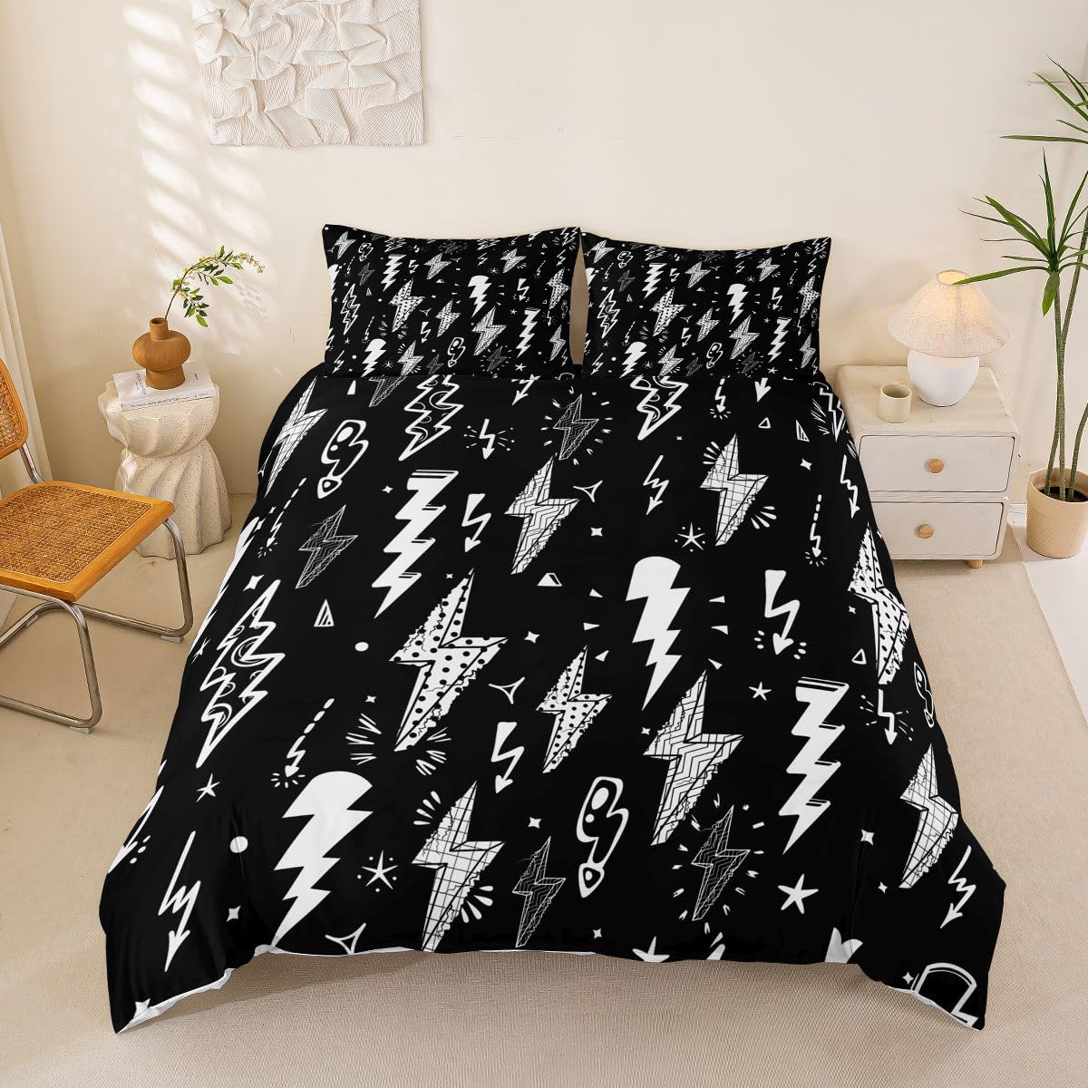 Homewish Lightning Duvet Cover Set Hand Drawn Doodle Lightning Bolt Bedding Set 3pcs for Kids Boys Thunderbolts Comforter Cover Microfiber Bedspread Cover with 2 Pillow Cases(No Comforter) King Size