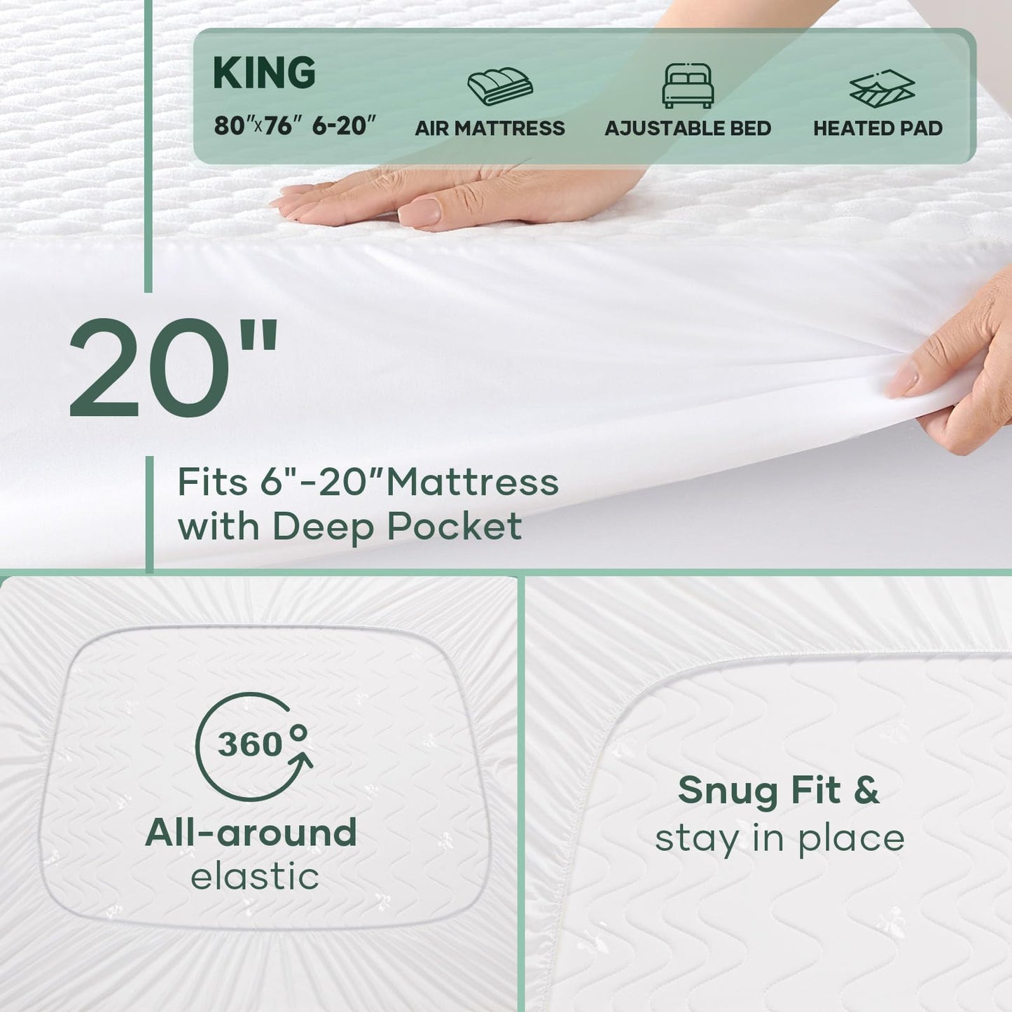 OhGeni 100% Waterproof Mattress Protector,King Size Mattress Soft Pad,Pet Hair & Bedwetting Resistant,Cooling Breathable Fitted Sheets,Washable Bed Cover,Non-Slip Deep Pocket,Noiseless for Bedroom