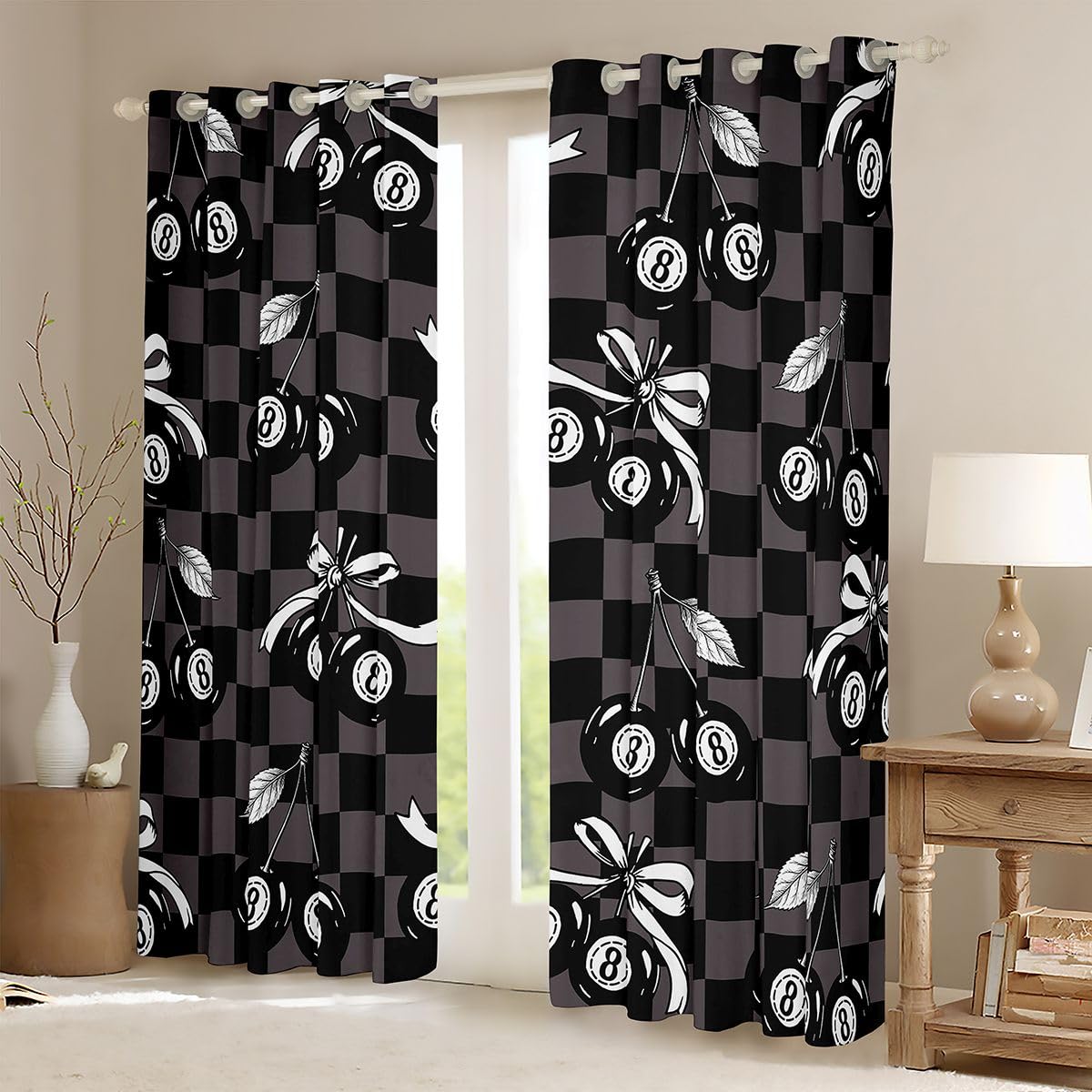 Erosebridal Y2K Lucky 8 Ball Window Drapes Coquette Cherry Bow Blackout Curtains 42" Wx63 L Black Brown Checkered Plaid Curtains for Bedroom,Fashion Aesthetic Preppy Window Treatments 2 Panels