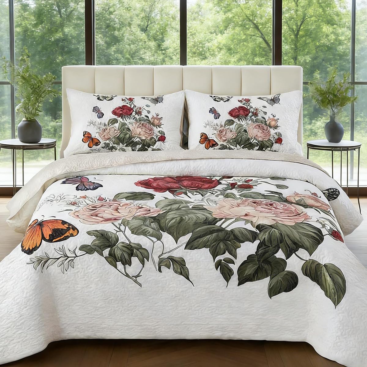 SANOCAY Rose Floral Butterfly Quilt Set King Size, 3 Piece Lightweight Summer Bedding Set with 2 Pillow Shams, Soft Reversible Microfiber Bedspread, Farmhouse Coverlet for All Season (Rose, King)