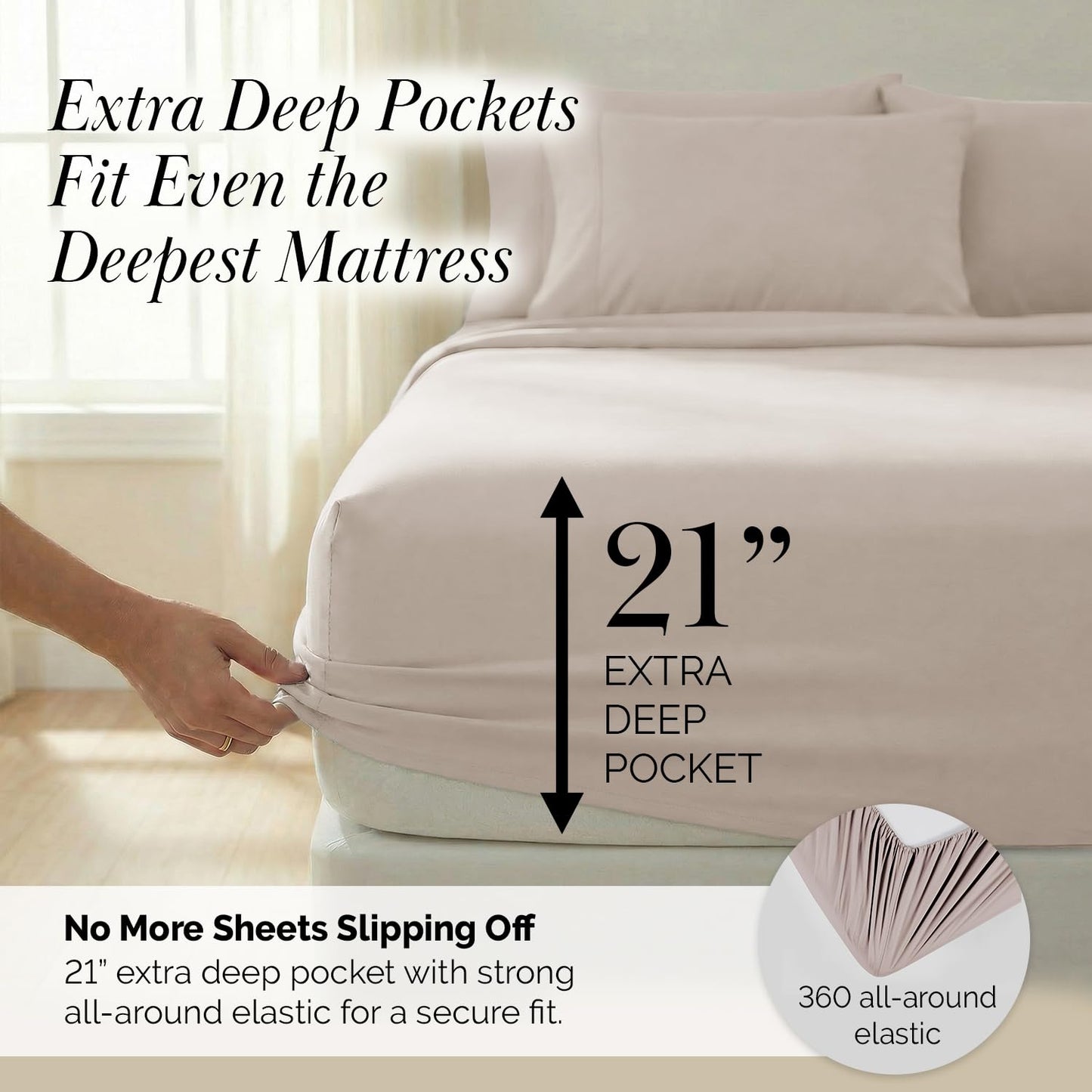 Southshore Fine Living, Inc. Hotel Style 21 Inch Extra Deep Pocket King Sheet Set, 4 Piece Pleated Beige Sheets King Size w/Decorative Hem, Wrinkle Resistant Microfiber, 2 Pillow Cases - Natural Beige