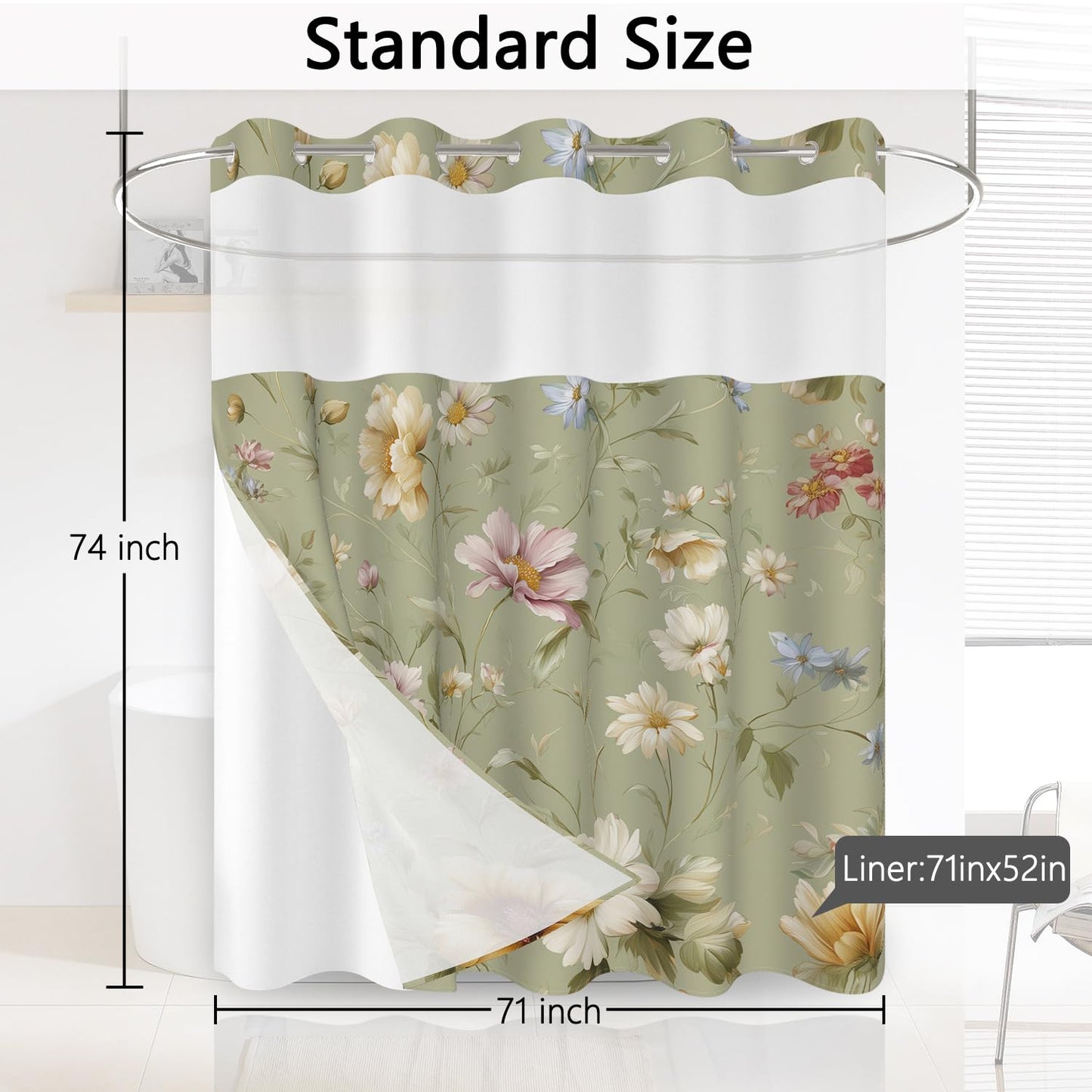 Xiazhilaio No Hook Floral Shower Curtain with Snap in Liner
