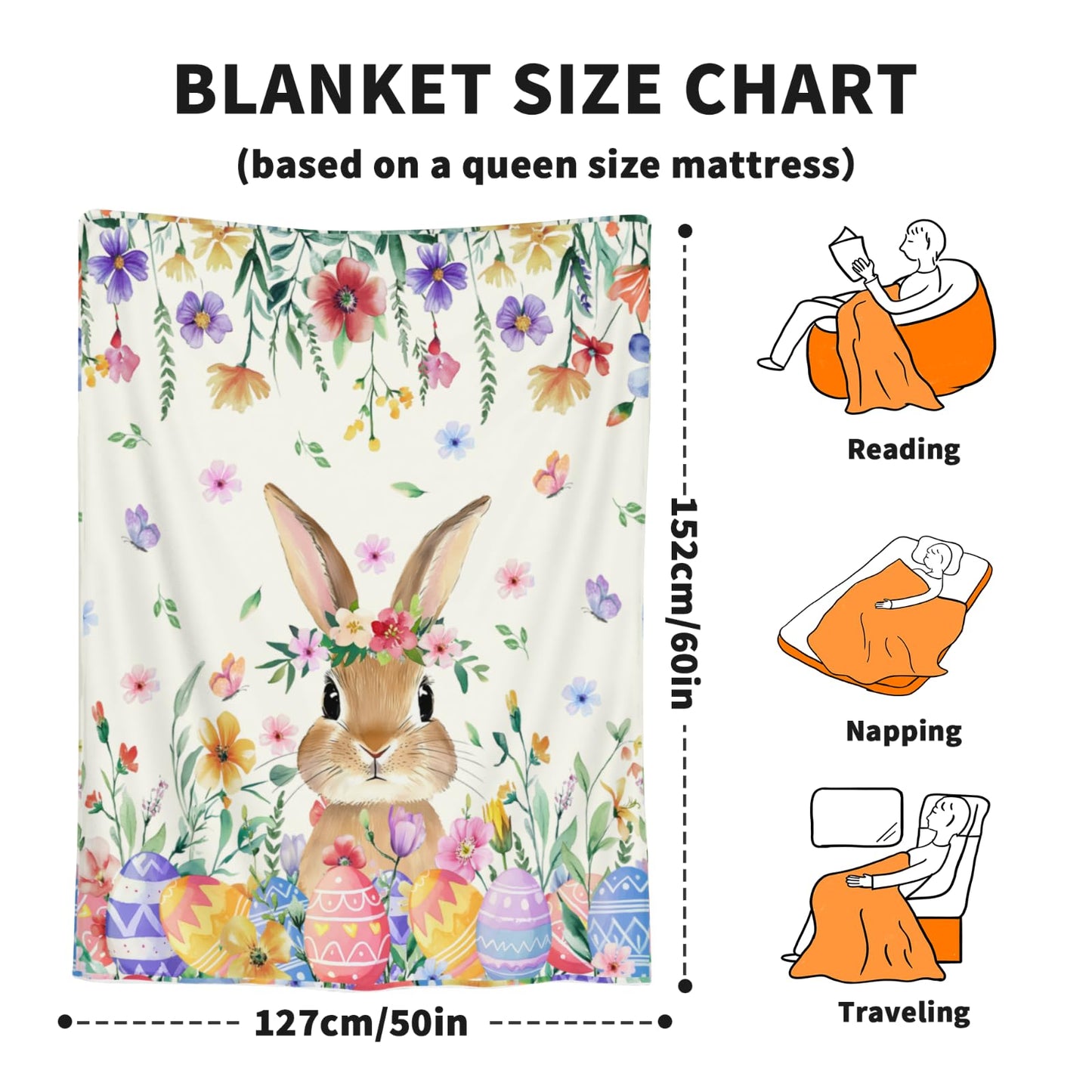 Arktrident Easter Rabbit Throw Blanket Spring Flower Soft Cozy Bed Blankets Plush Fuzzy Warm Lightweight Fleece Blankets for Couch Sofa Gifts 50"X60"