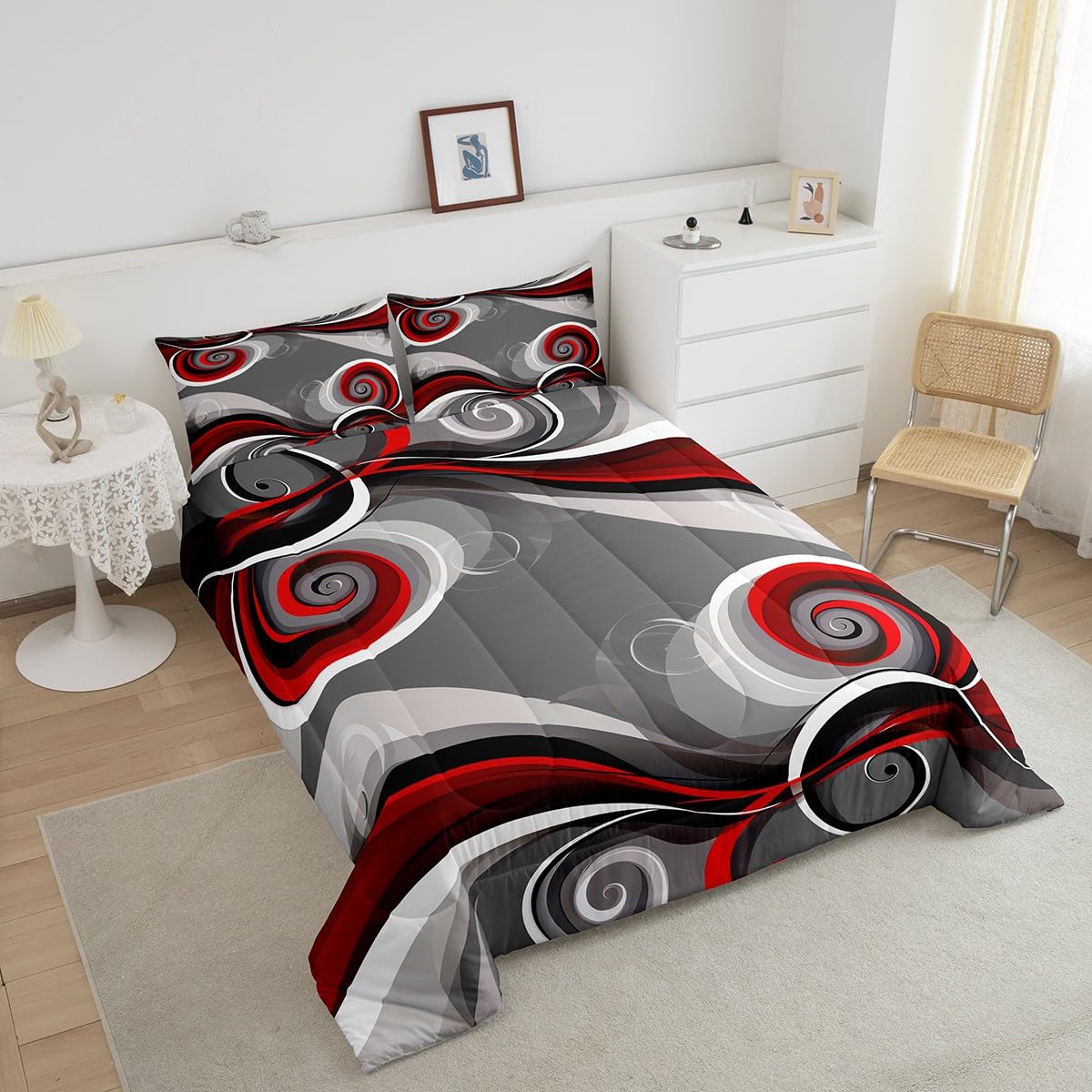Feelyou Gray Black Red Swirl Bedding Set Kids Geometric Stripe Comforter Set Boys Girls Trippy Circle Decor Comforter Farmhouse Abstract Artwork Duvet Set Bedroom Quilted Set Queen Size