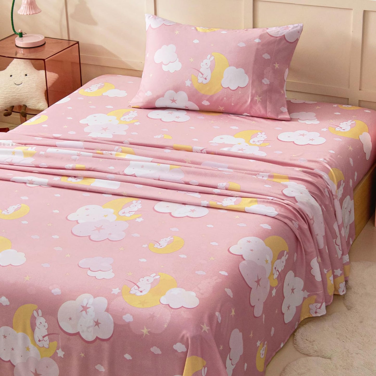 Swiftify Twin Sheet Set for Kids Girls, 3-Piece Bed Sheet Set for Toddler, Soft Brushed Microfiber Bedding, Deep Pocket, Wrinkle & Fade Resistant, Pink Bunny